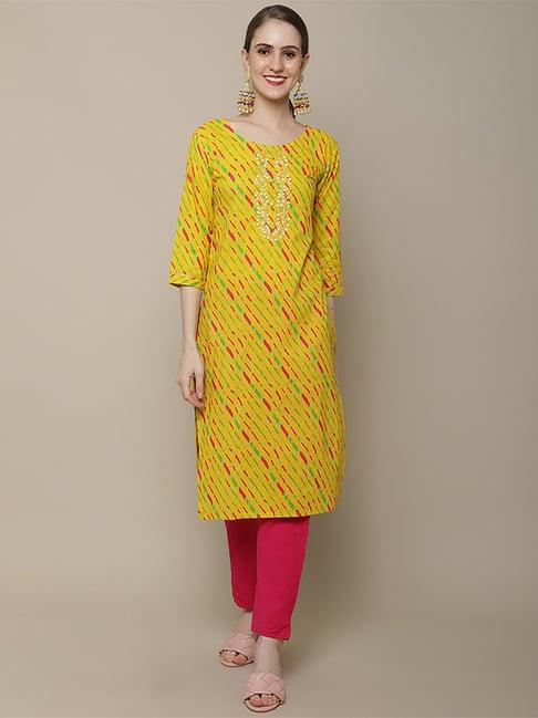 vastramyaa yellow & green cotton embroidered straight kurta