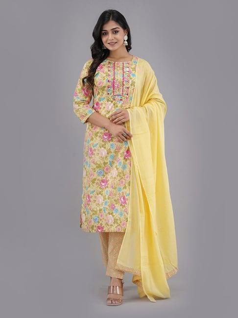 vastramyaa yellow & pink cotton floral kurta with pant & dupatta