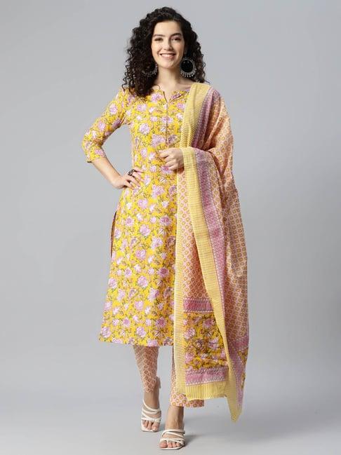 vastramyaa yellow & pink cotton floral kurta with pant & dupatta