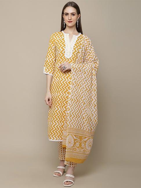 vastramyaa yellow & white cotton printed kurta pant set with dupatta