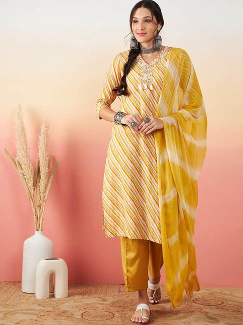 vastramyaa yellow & white silk striped kurta with pant & dupatta