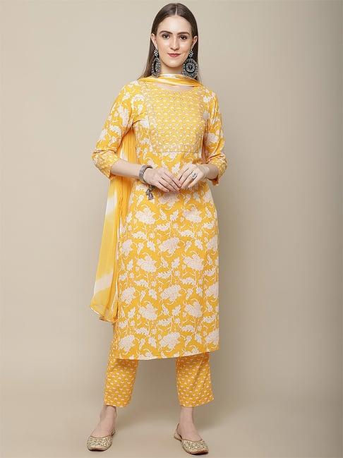 vastramyaa yellow cotton embroidered kurta pant set with dupatta