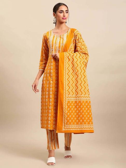 vastramyaa yellow cotton printed kurta pant set with dupatta