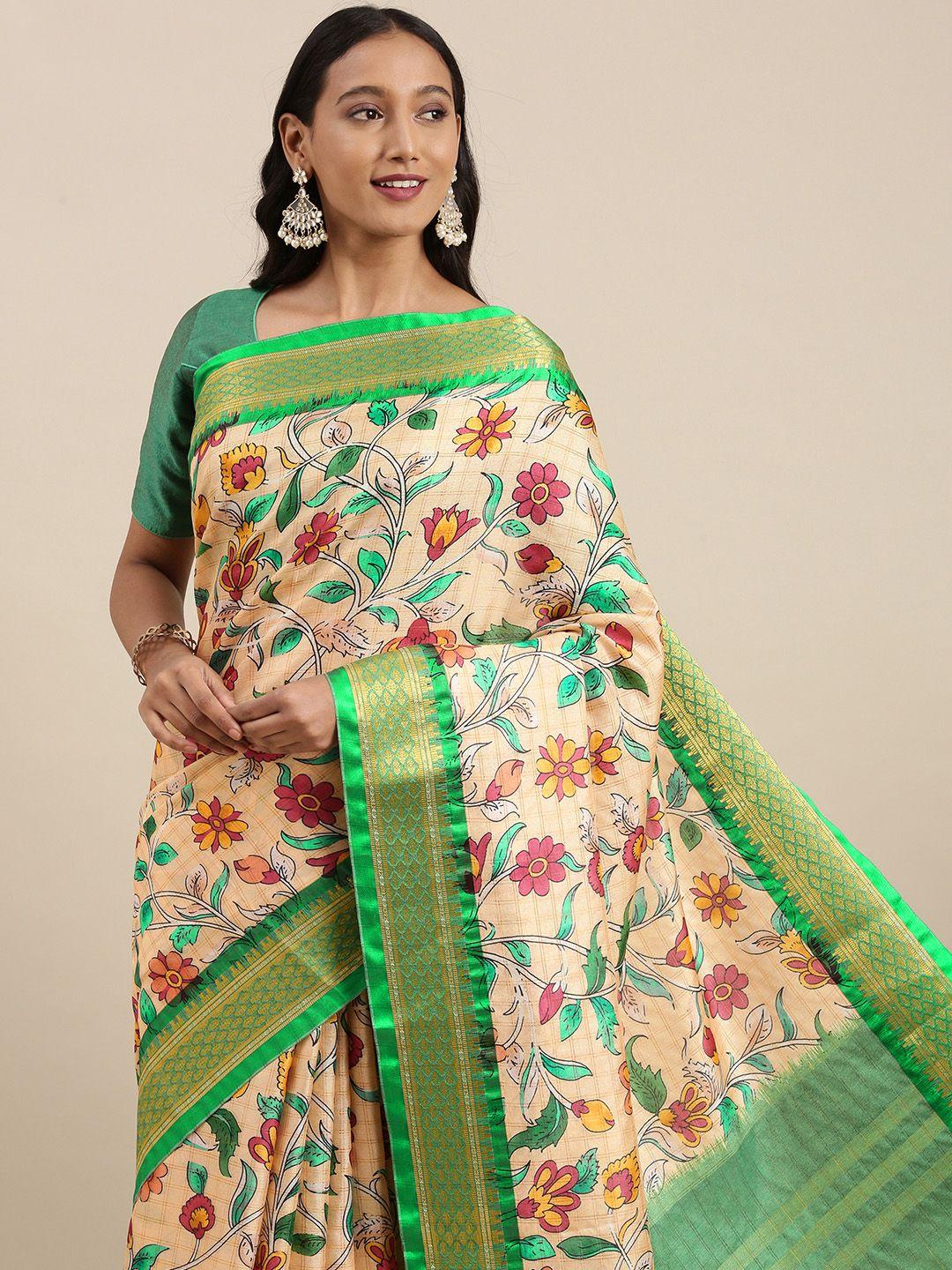 vastranand beige & green kalamkari print zari silk blend uppada saree