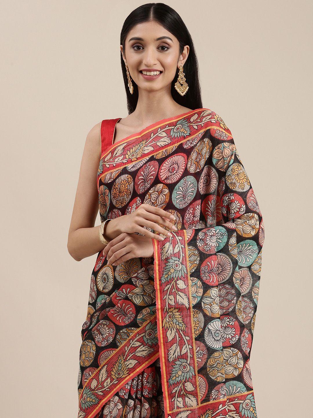 vastranand black & blue ethnic motifs linen blend block print saree