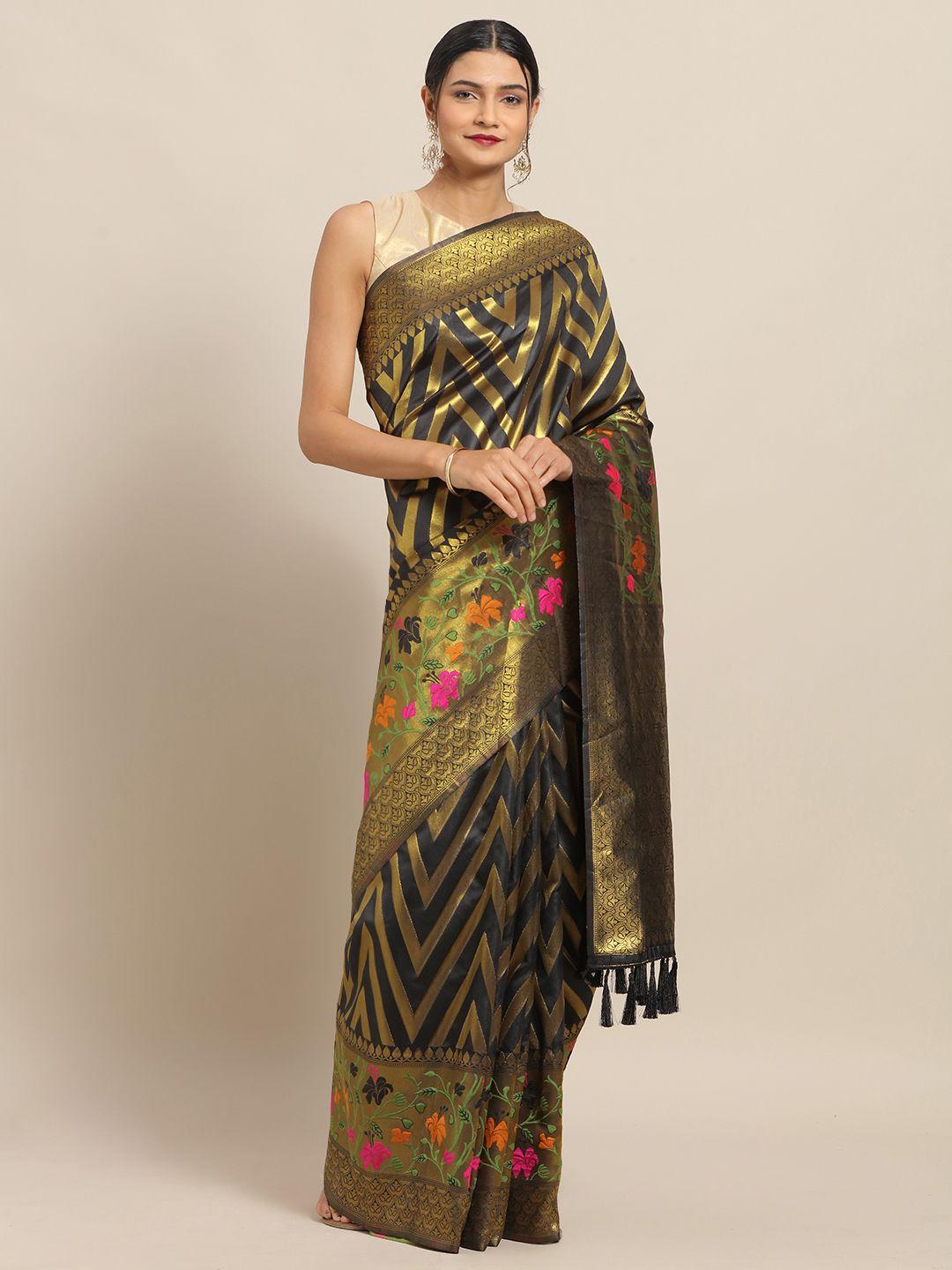 vastranand black & gold-toned silk cotton striped banarasi saree