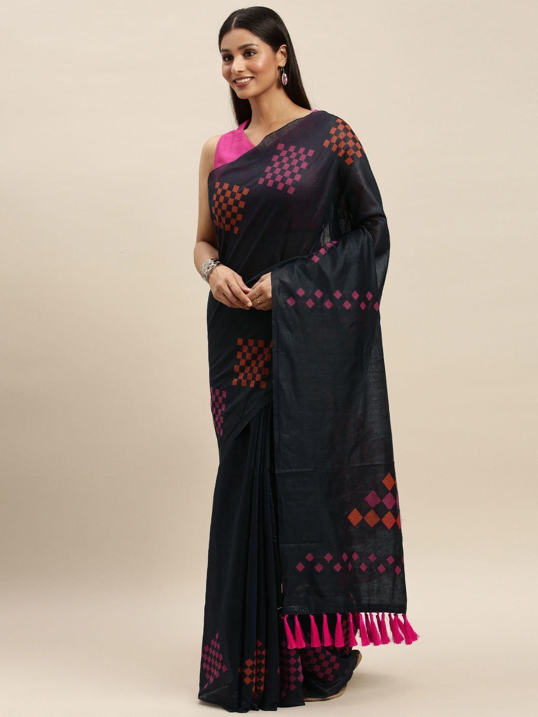 vastranand black & pink linen blend woven design saree