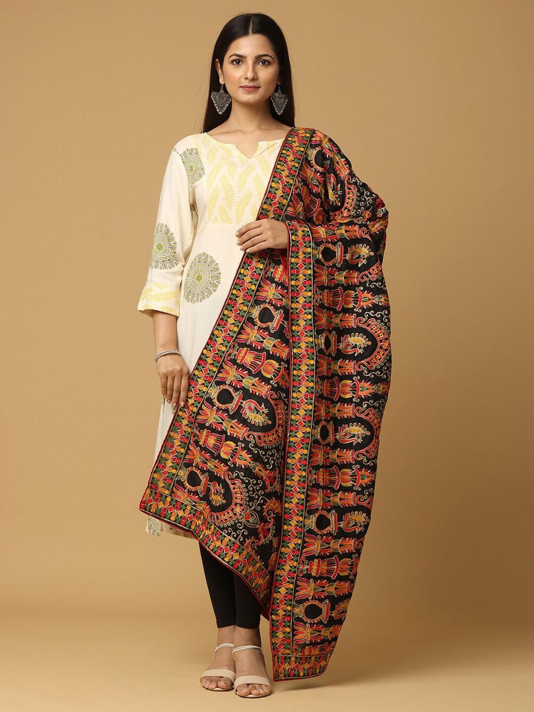vastranand black & yellow ethnic motifs embroidered dupatta with thread work