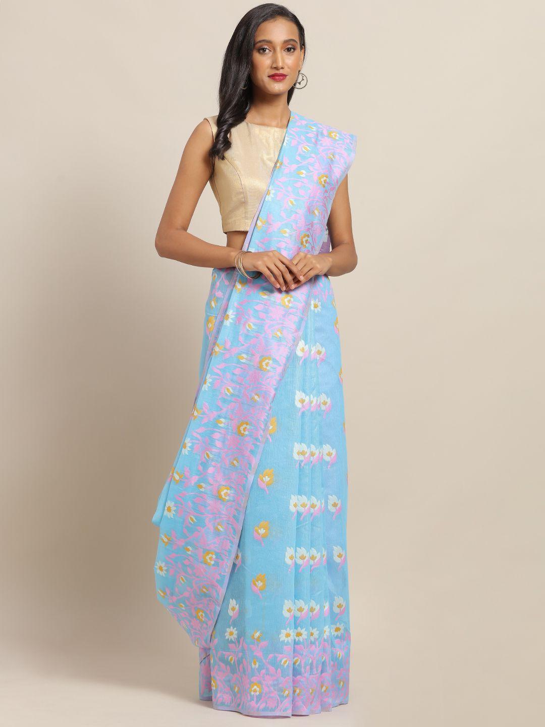 vastranand blue & pink silk cotton printed jamdani saree