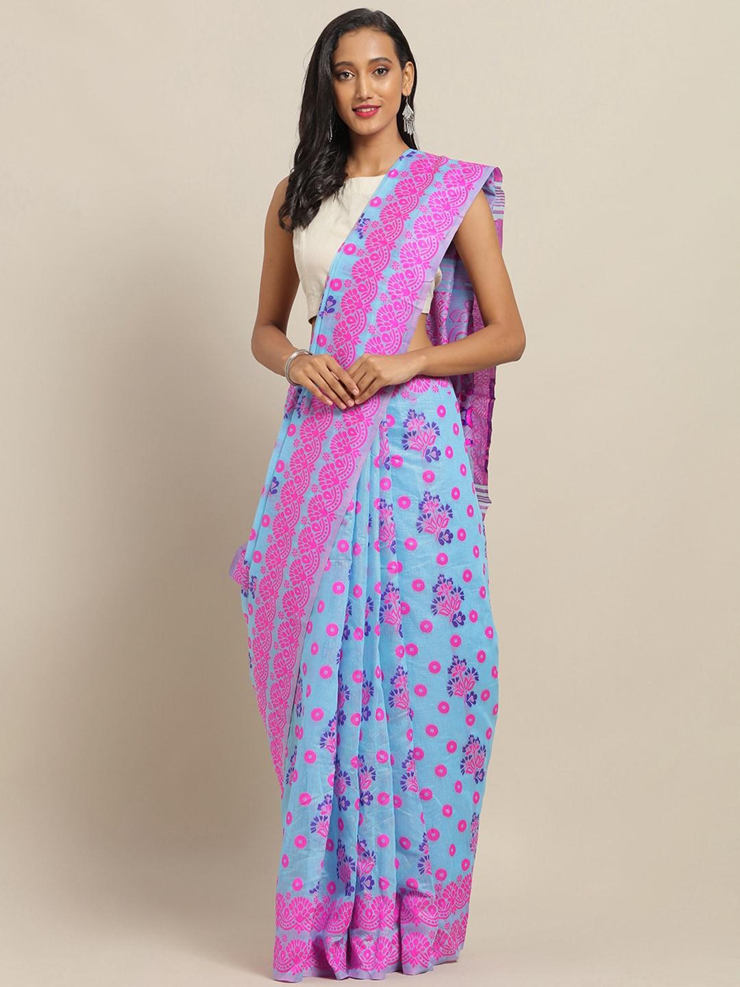vastranand blue & pink silk cotton woven design jamdani saree