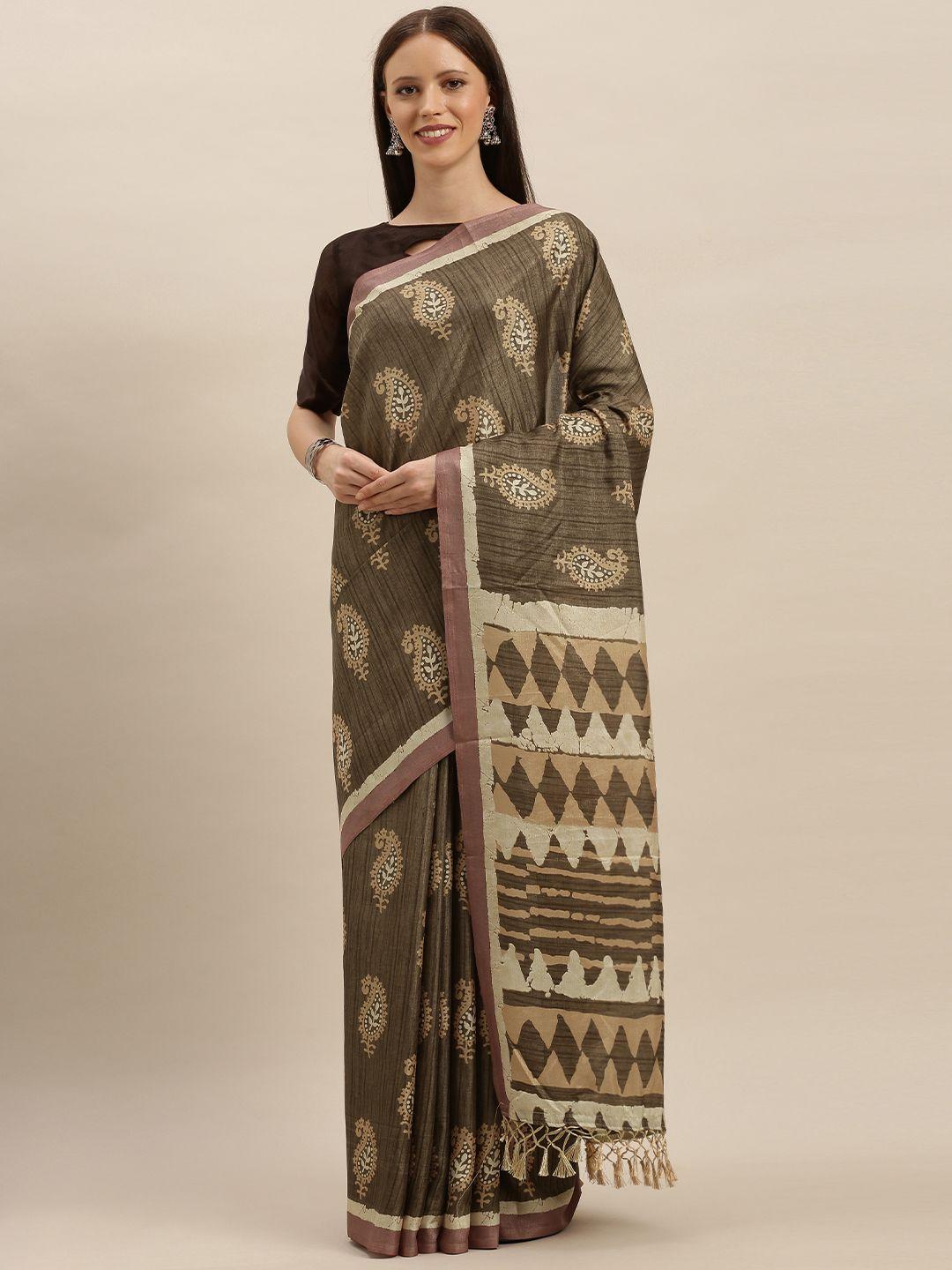 vastranand brown & beige linen blend printed bagru saree