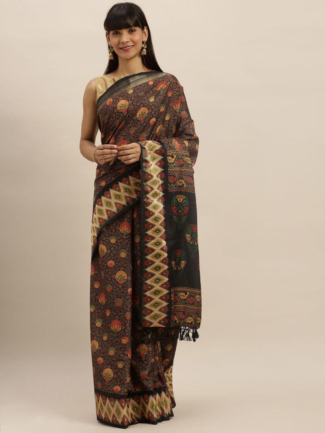 vastranand brown & black linen blend printed pochampally saree