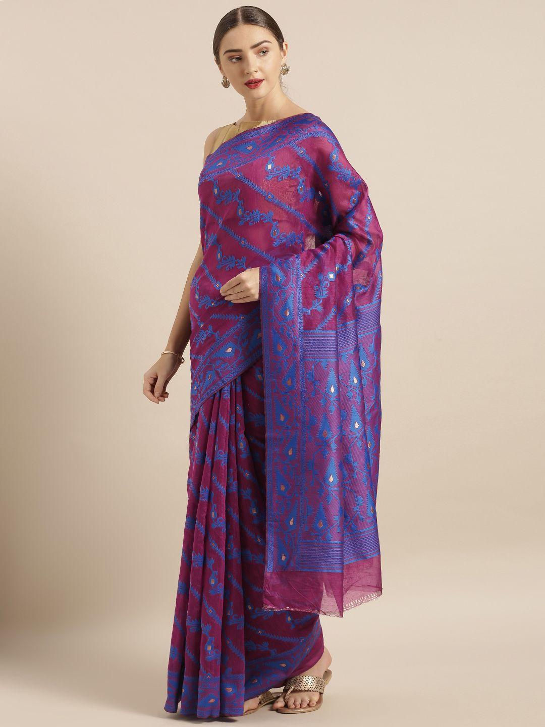 vastranand burgundy & blue silk cotton woven design jamdani saree