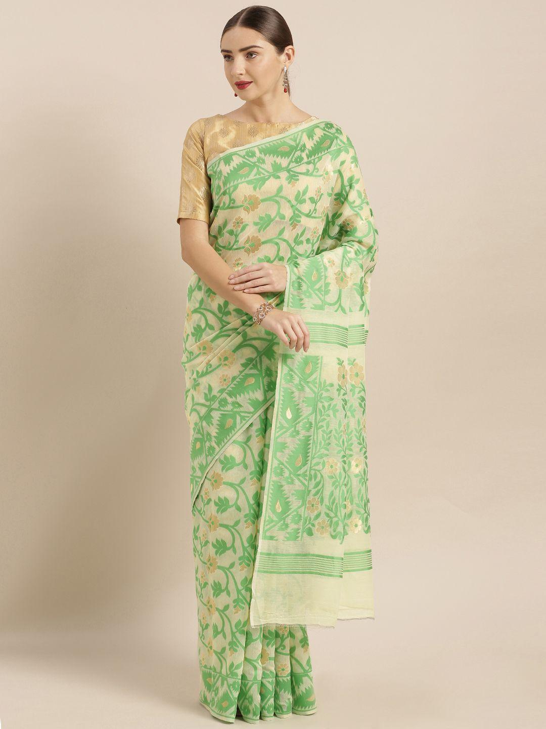 vastranand cream-coloured & green silk cotton woven design jamdani saree