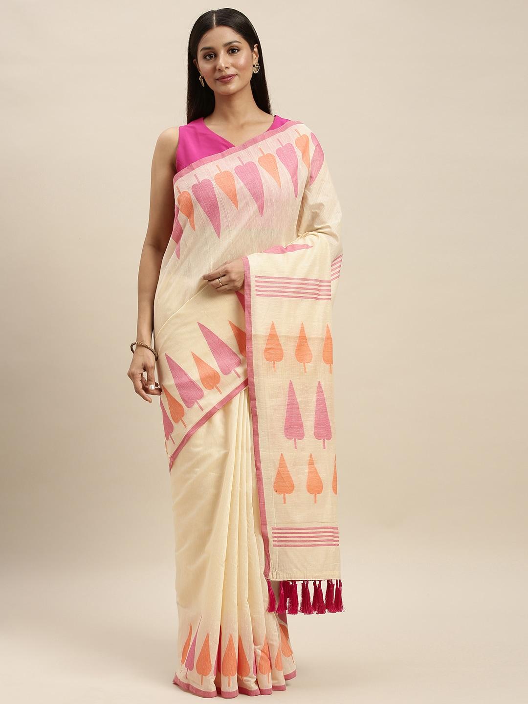 vastranand cream-coloured & pink linen blend woven design banarasi saree