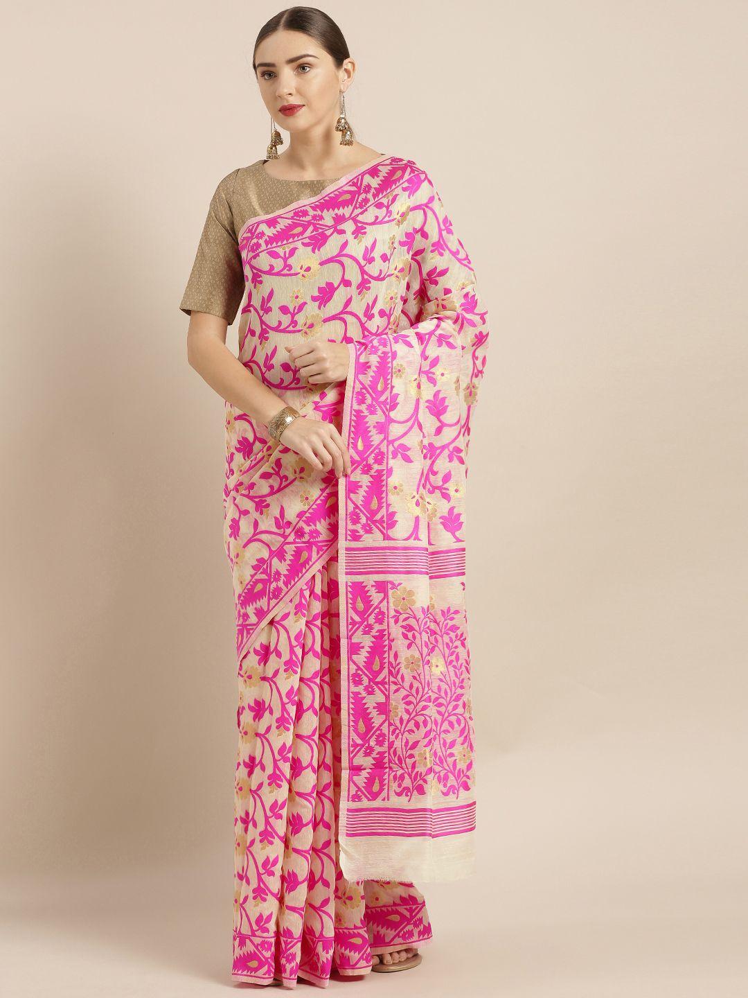 vastranand cream-coloured & pink silk cotton woven design jamdani saree