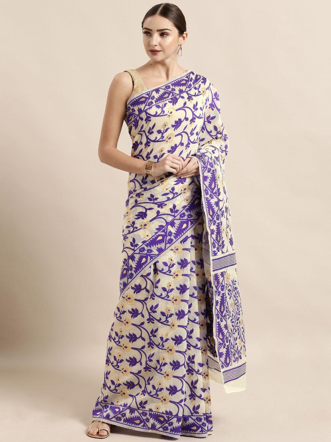 vastranand cream-coloured & purple silk cotton woven design jamdani saree