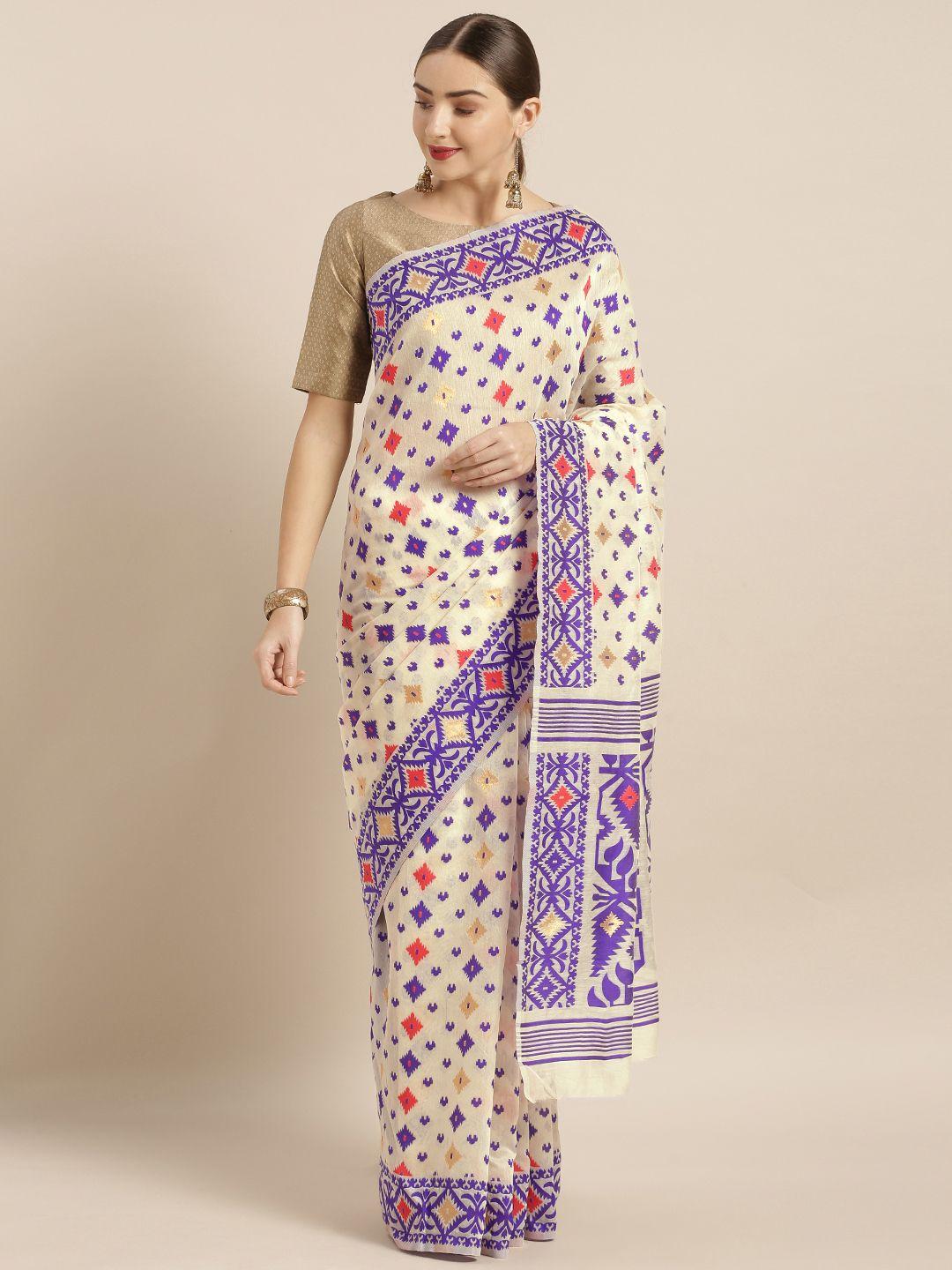 vastranand cream-coloured & violet silk cotton woven design jamdani saree