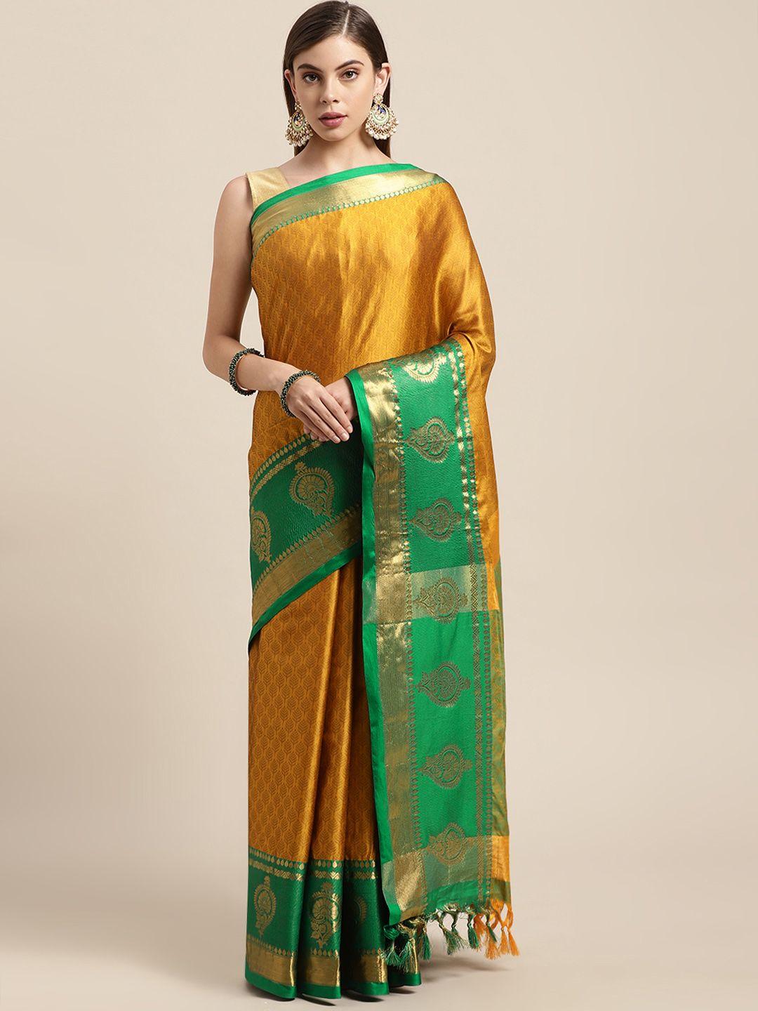 vastranand golden & green woven design zari silk blend banarasi saree