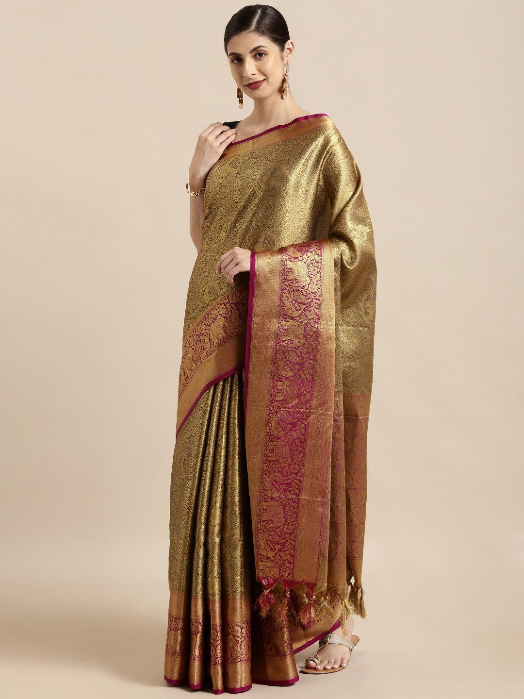 vastranand golden & pink silk blend woven design kanjeevaram saree