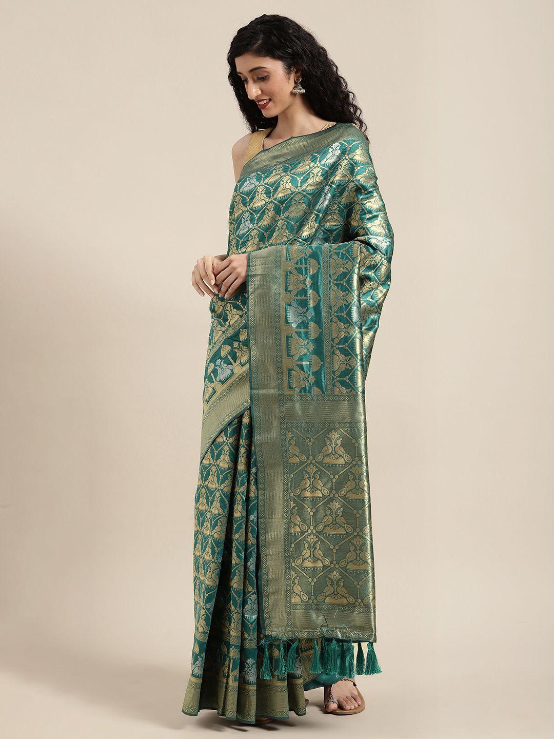 vastranand green & gold-toned silk blend woven design banarasi saree