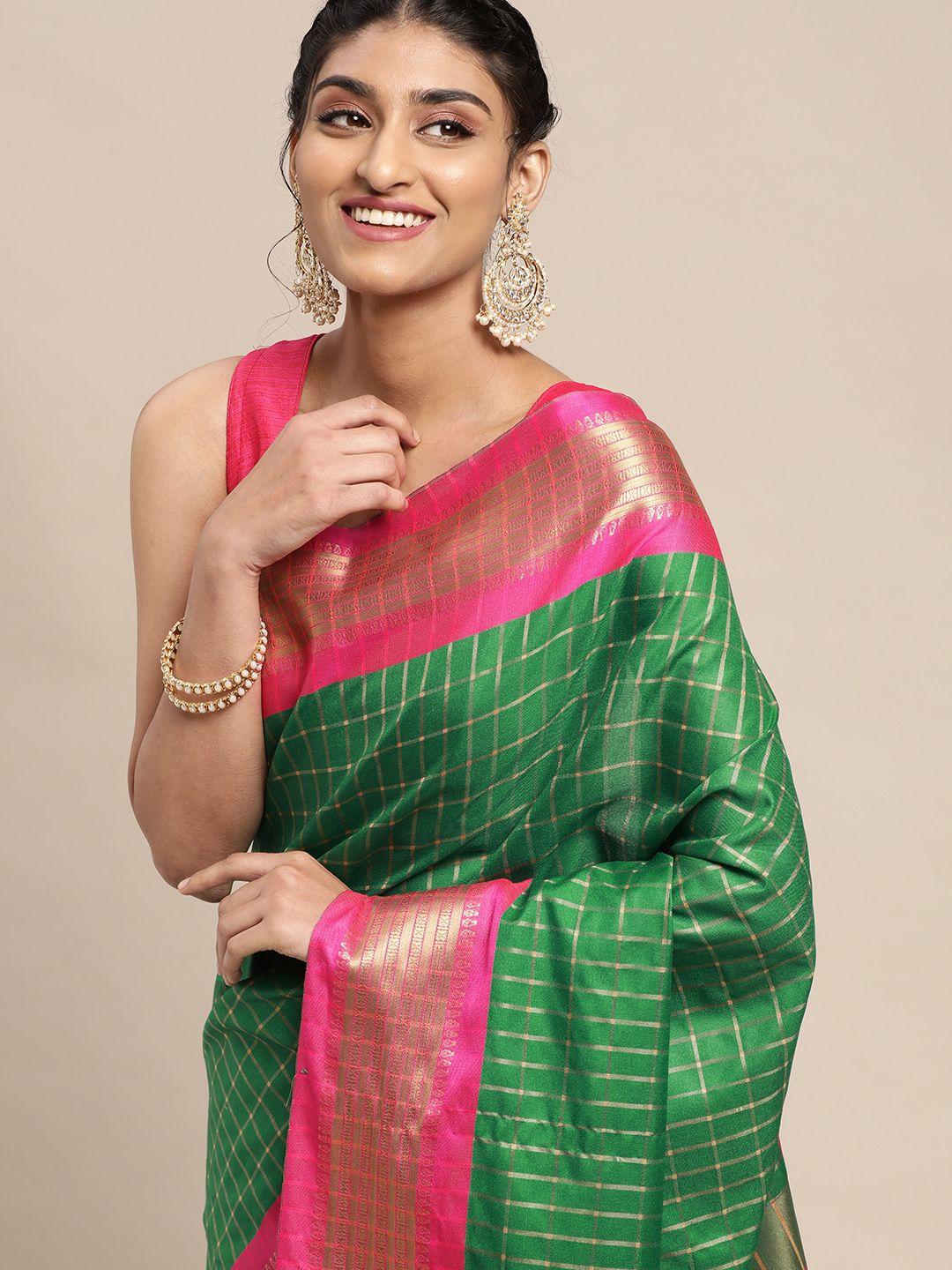 vastranand green & golden checked pure silk gadwal saree