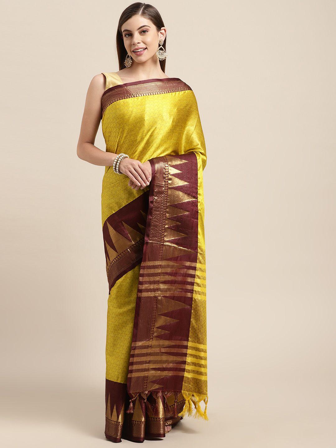 vastranand green & maroon woven design zari silk blend banarasi saree