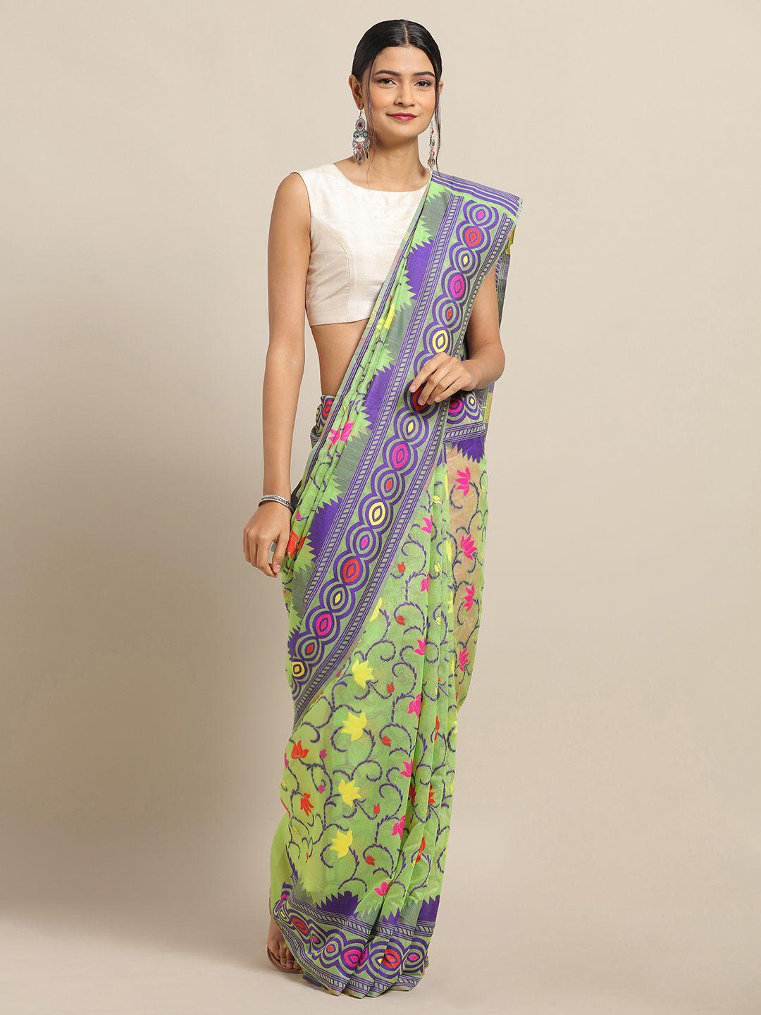 vastranand green & pink silk blend woven design jamdani saree
