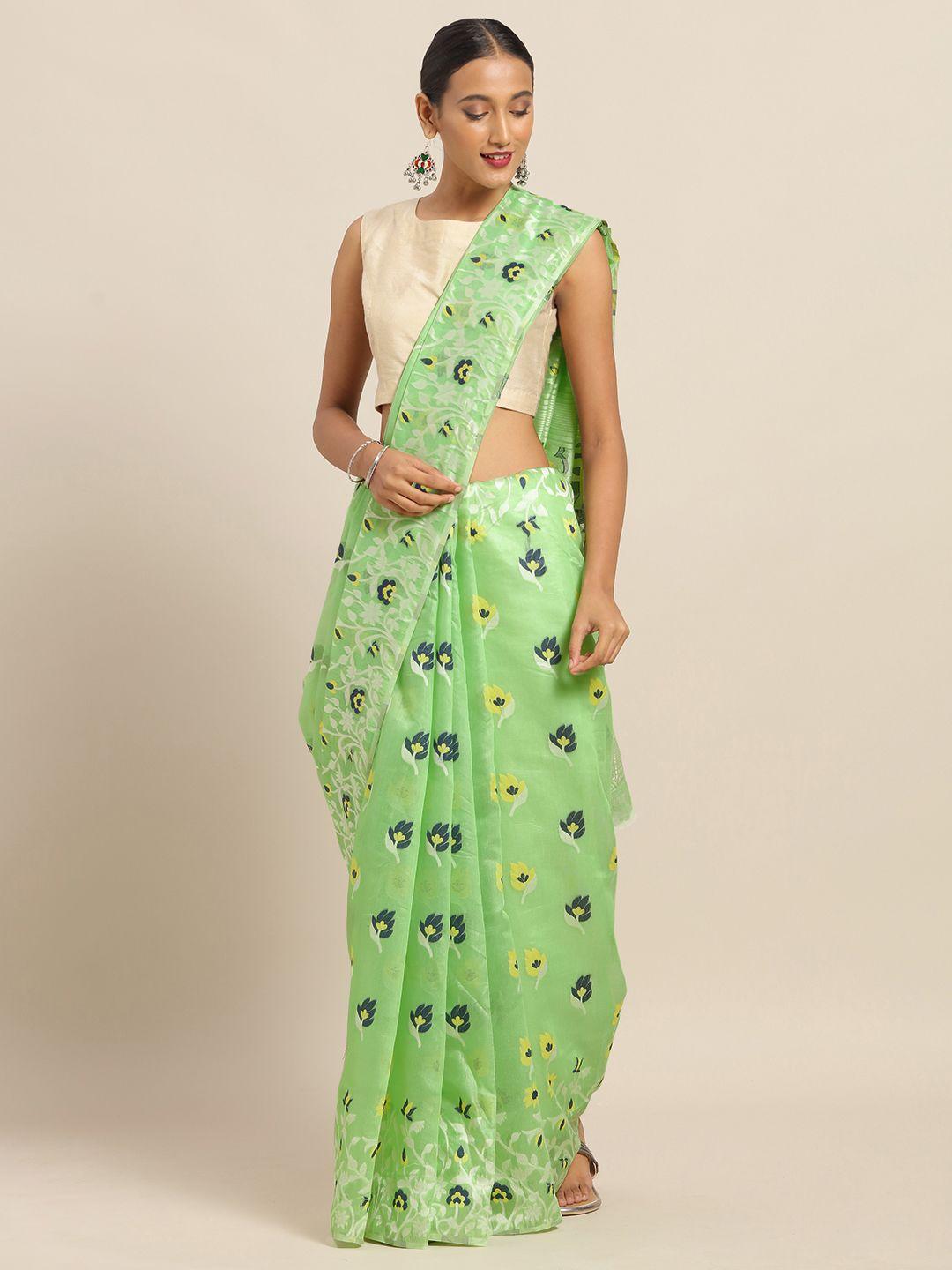 vastranand green & yellow silk cotton printed jamdani saree