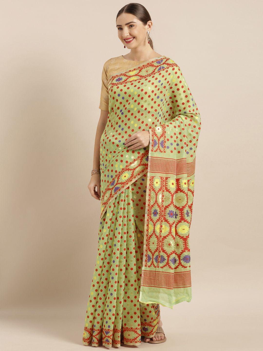vastranand green silk cotton woven design jamdani saree