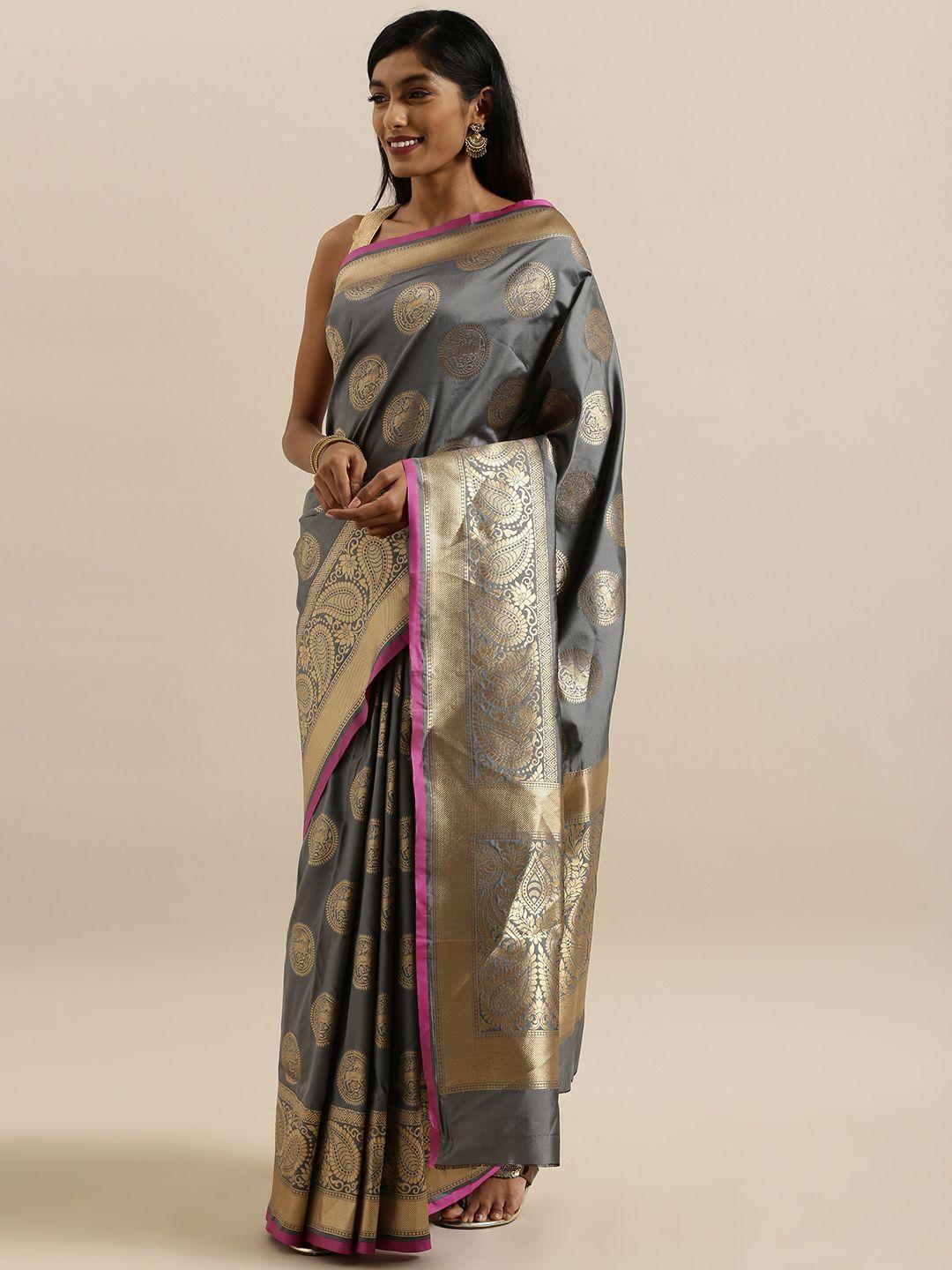 vastranand grey & gold-toned silk blend printed banarasi saree