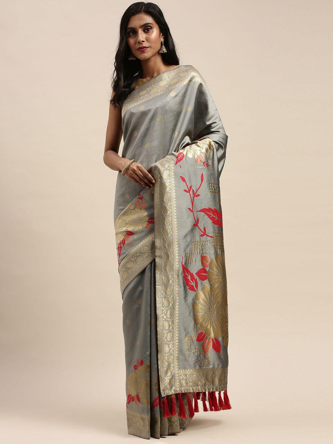 vastranand grey & gold-toned silk blend woven design banarasi saree