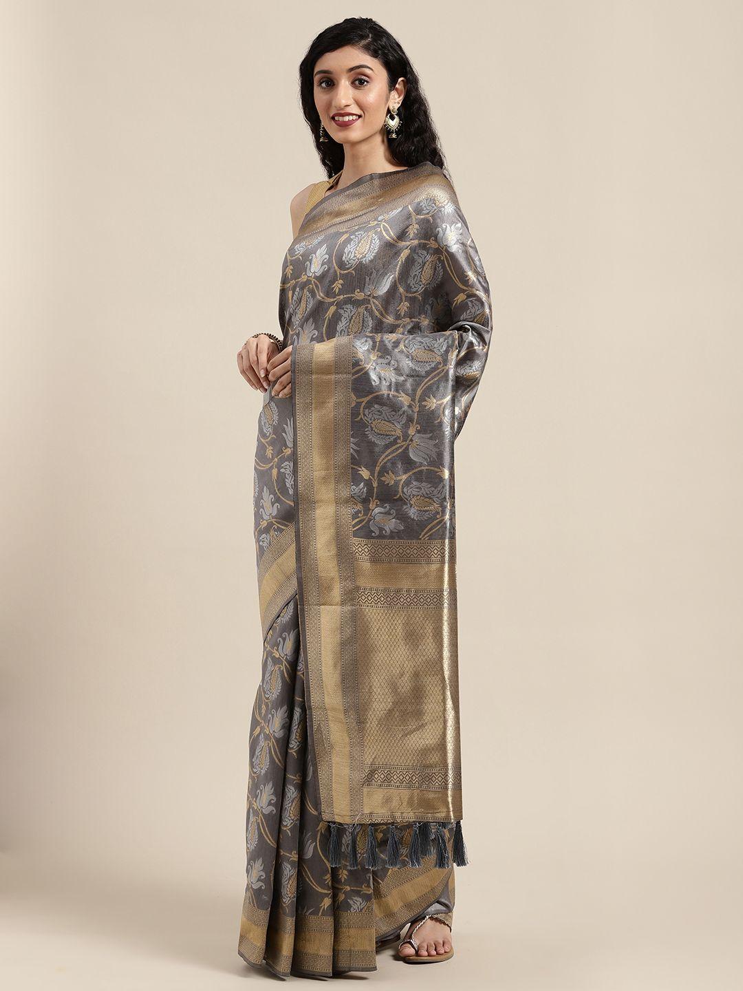 vastranand grey & golden silk blend woven design banarasi saree