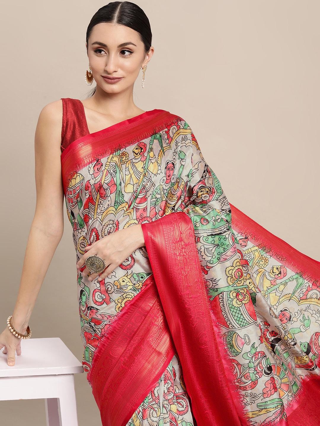 vastranand grey & red kalamkari zari silk blend banarasi saree