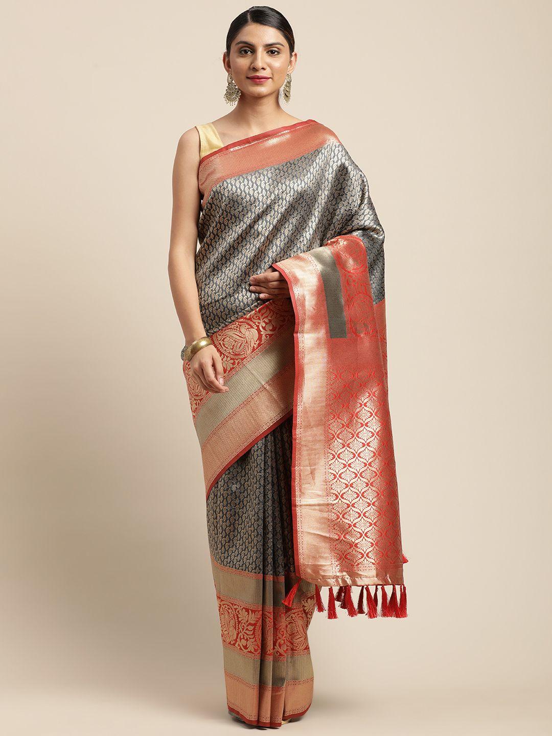 vastranand grey & red woven design banarasi celebrity saree