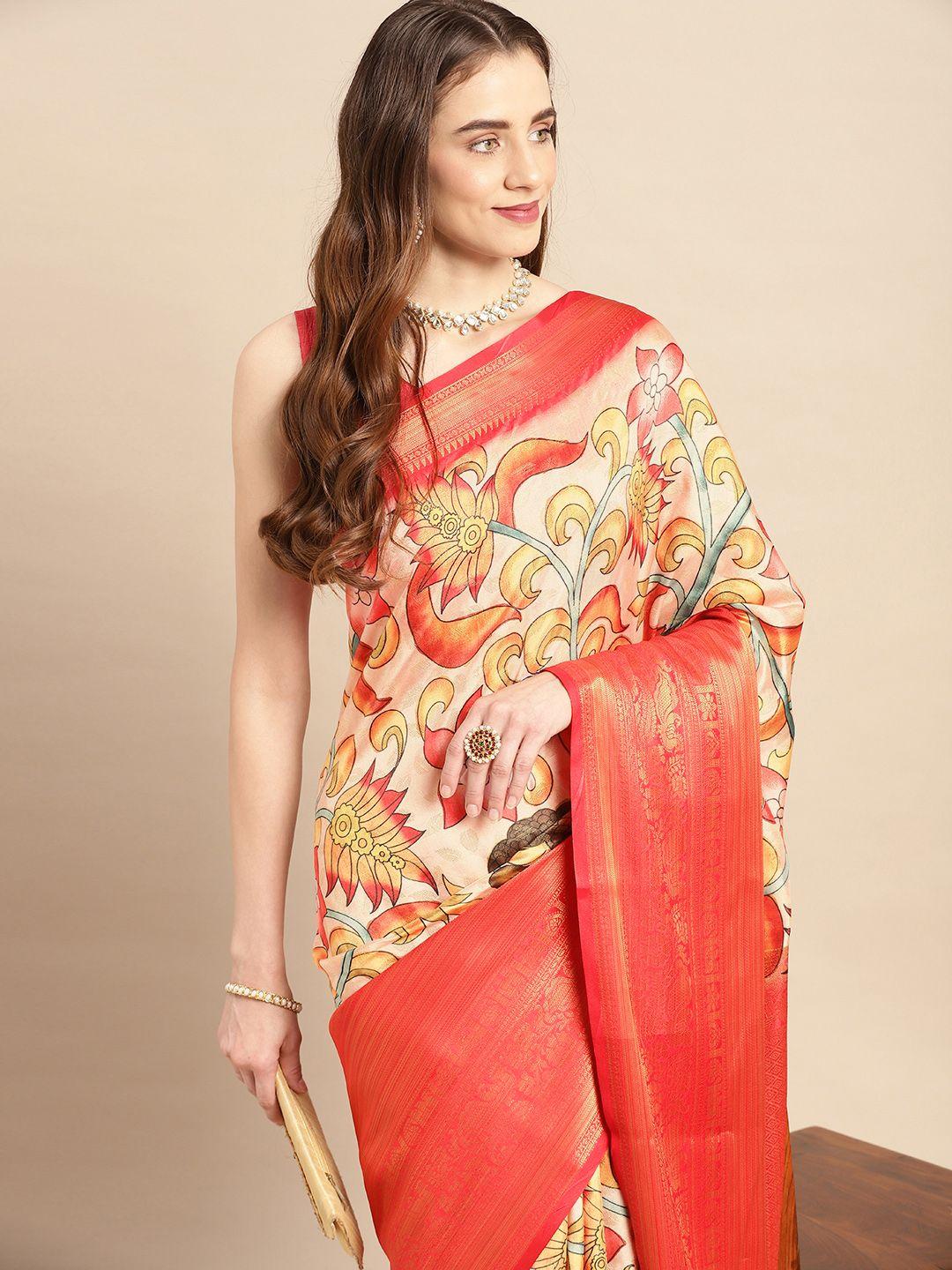 vastranand kalamkari block print zari silk blend banarasi saree