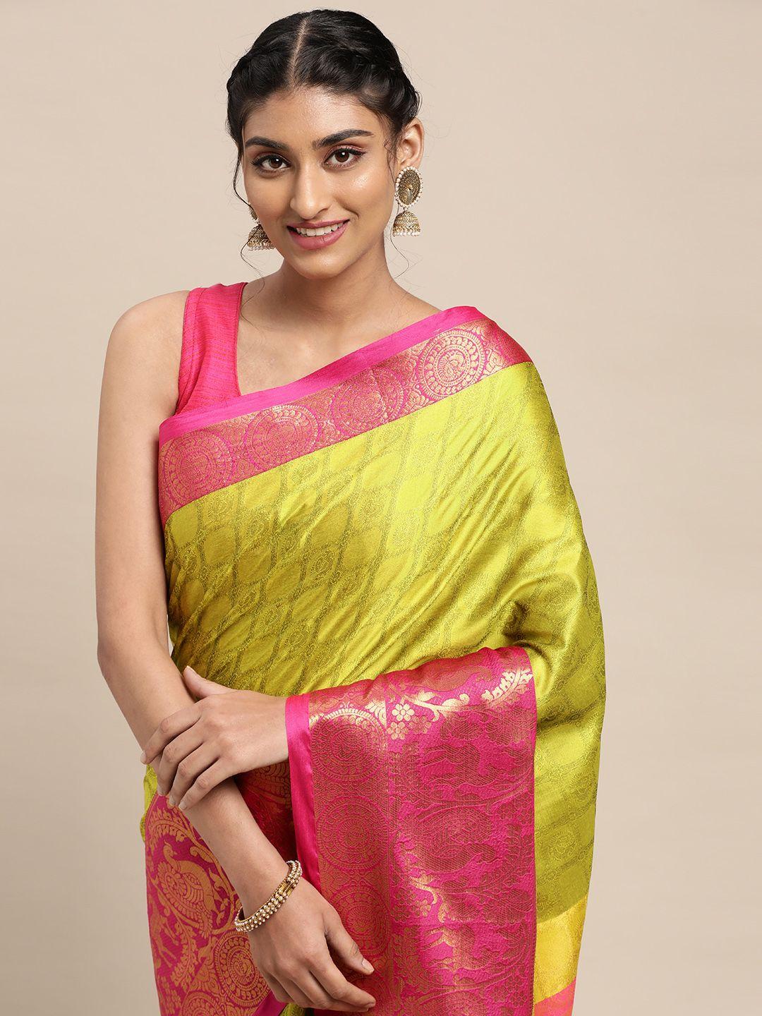vastranand lime green & pink woven design banarasi saree