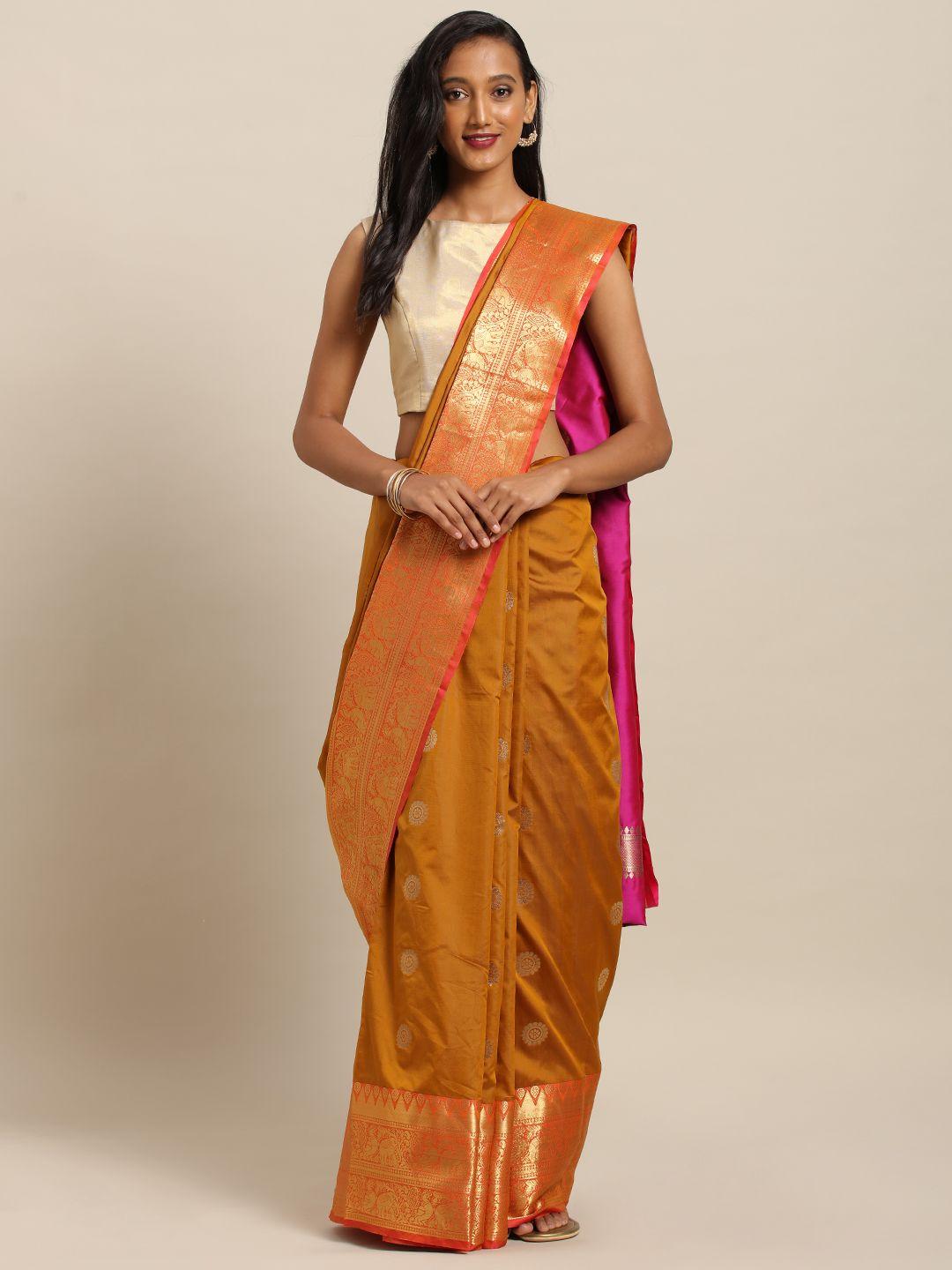 vastranand mustard & gold-toned silk blend printed kanjeevaram saree