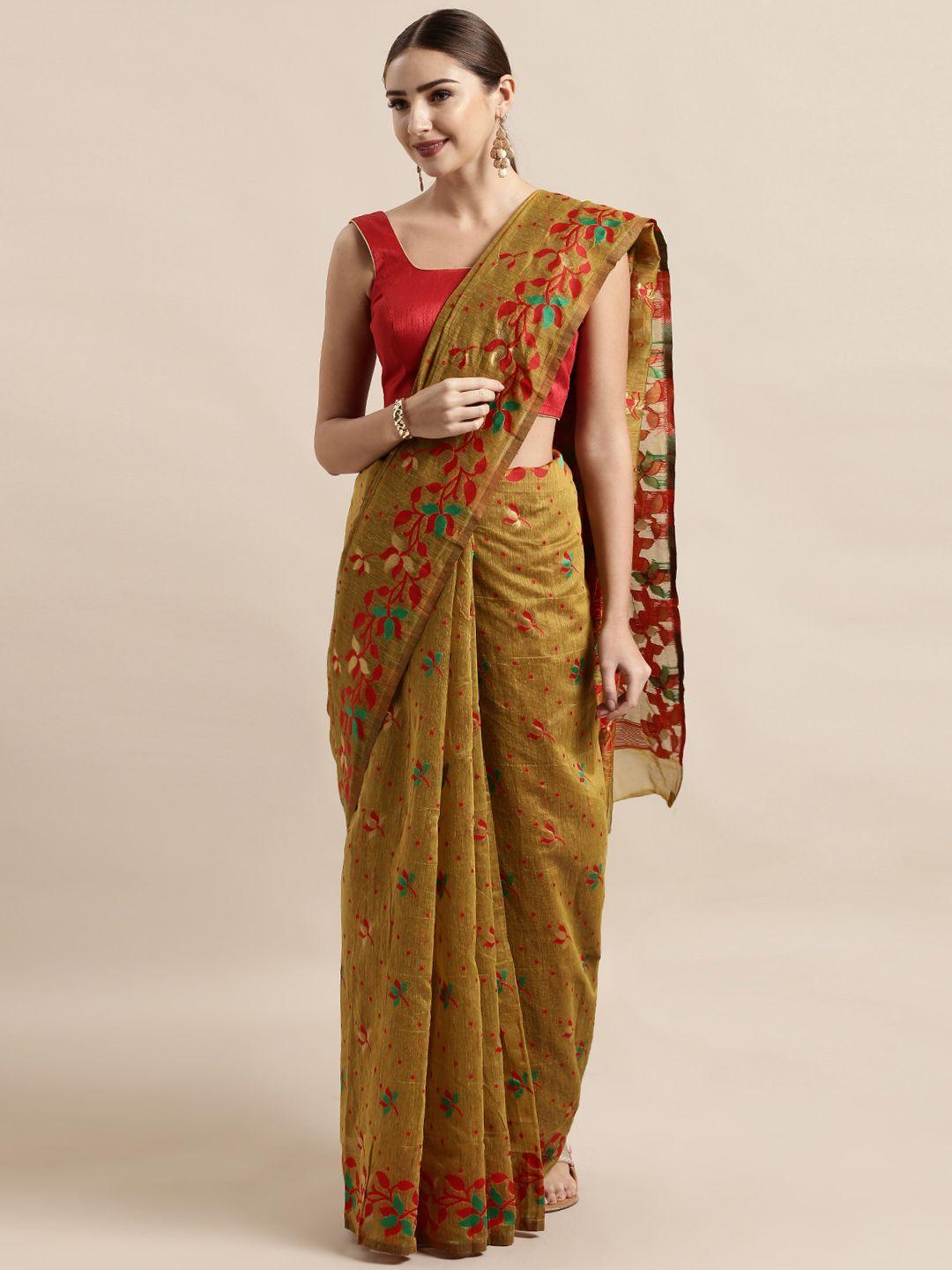 vastranand mustard yellow & red silk cotton woven design jamdani saree