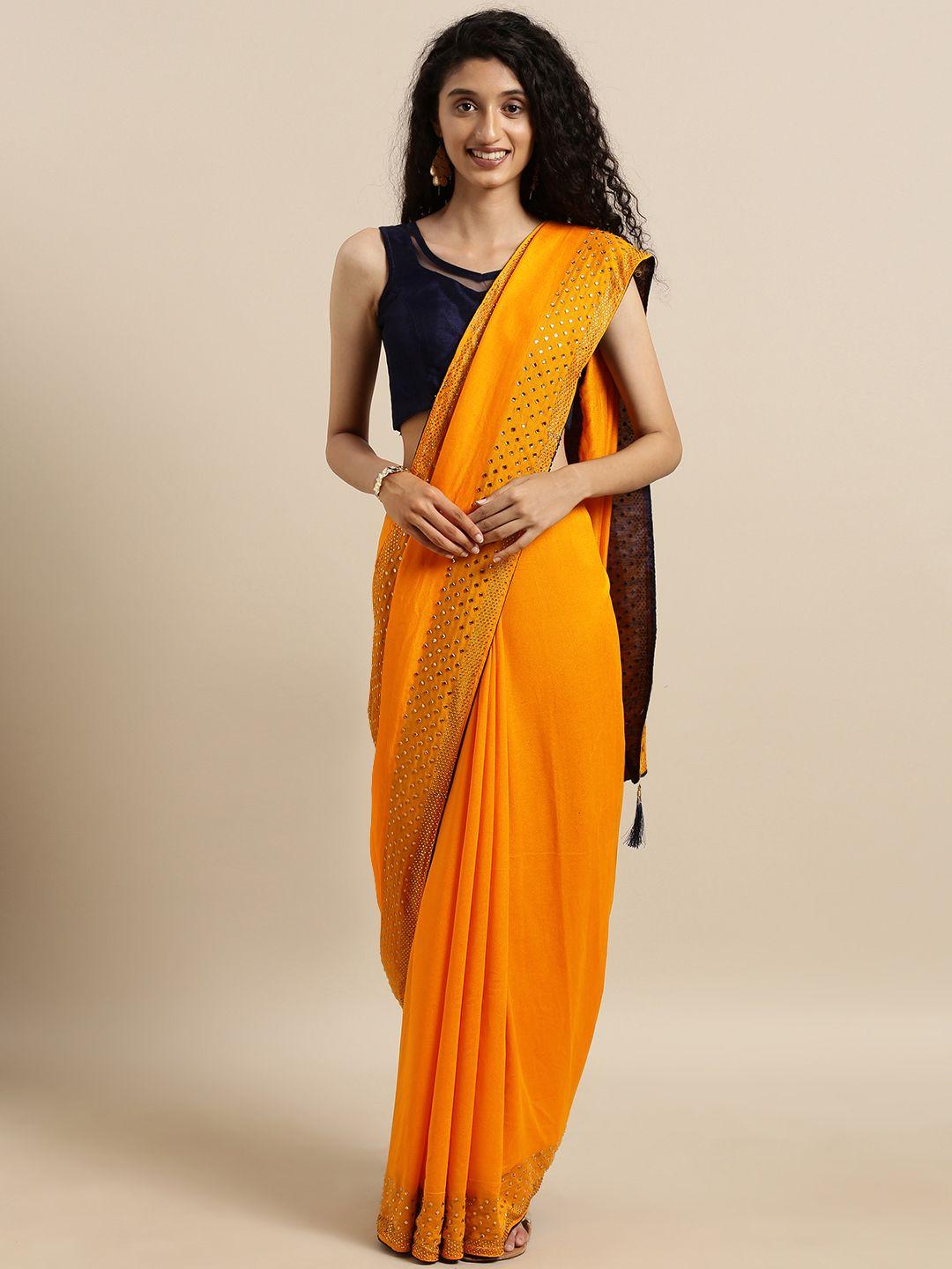 vastranand mustard yellow solid vichitra poly silk saree with embellished border