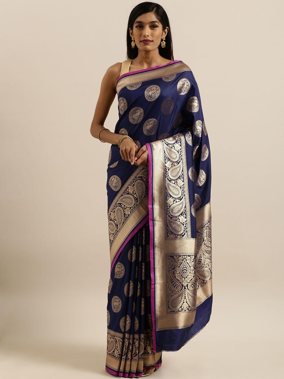 vastranand navy blue & gold-toned silk blend printed banarasi saree