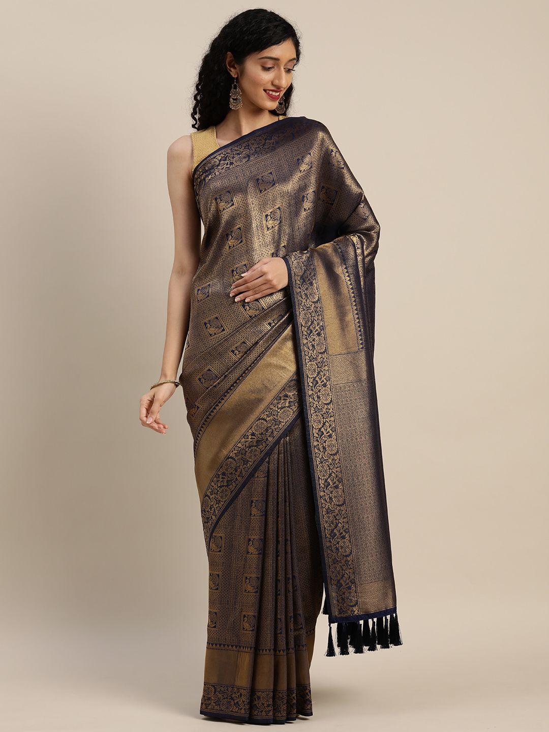 vastranand navy blue & gold-toned silk blend woven design banarasi saree
