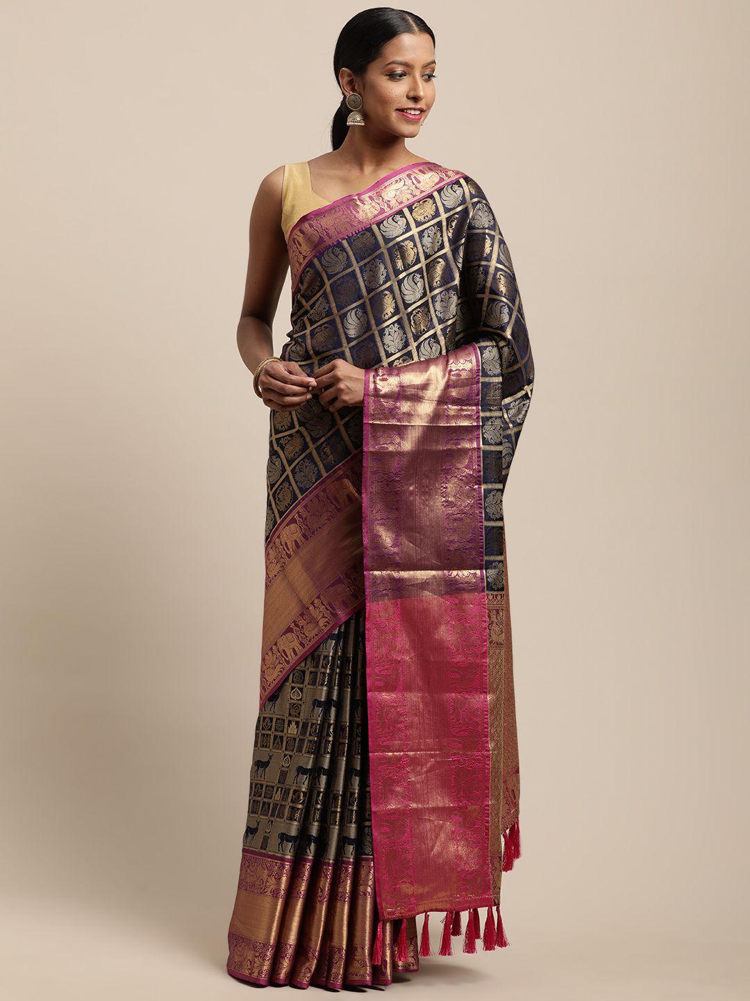 vastranand navy blue & gold-toned woven design banarasi saree