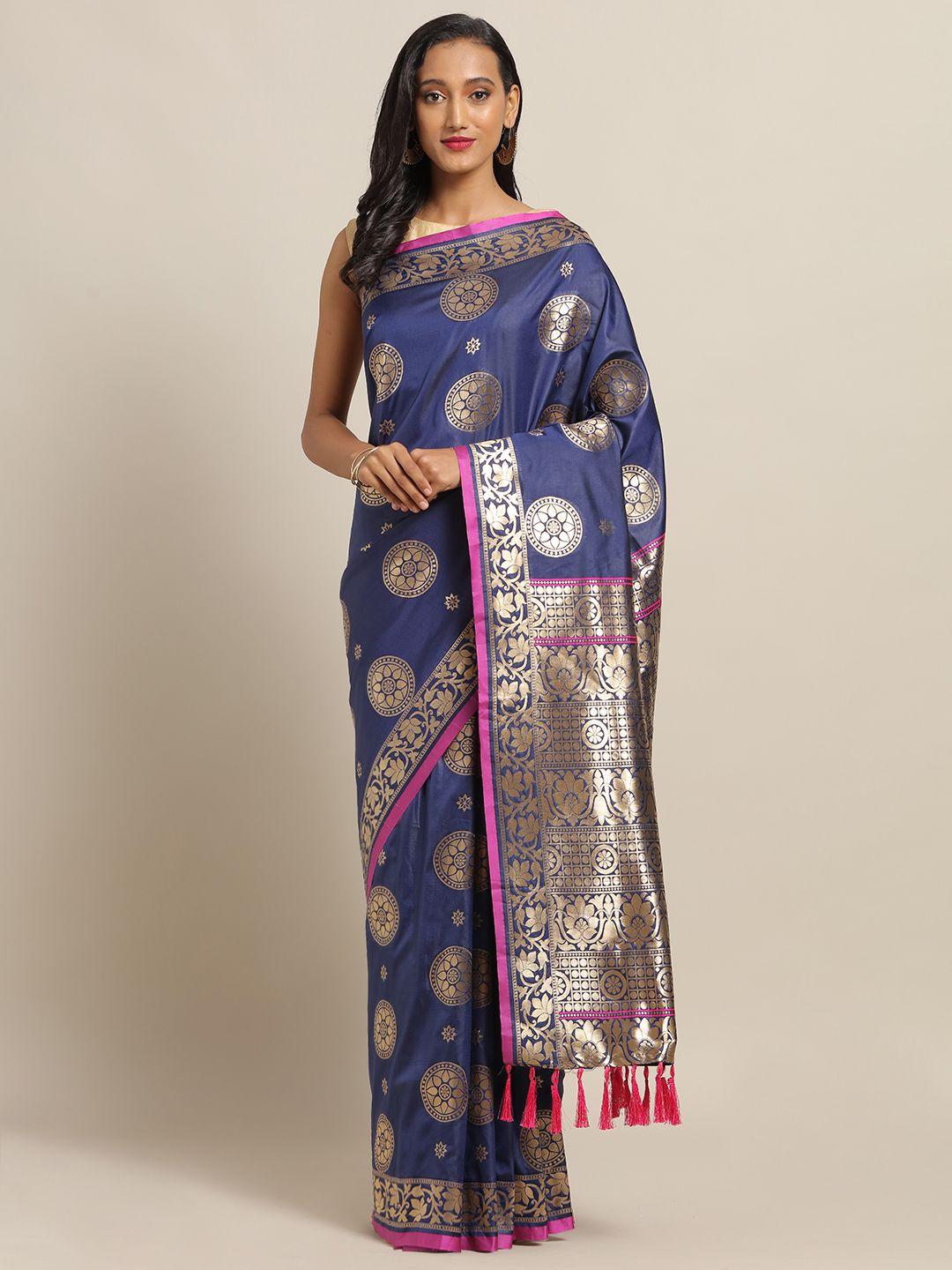 vastranand navy blue & golden silk blend woven design banarasi saree