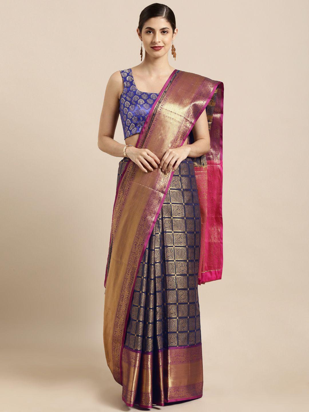 vastranand navy blue & golden silk blend woven design kanjeevaram saree