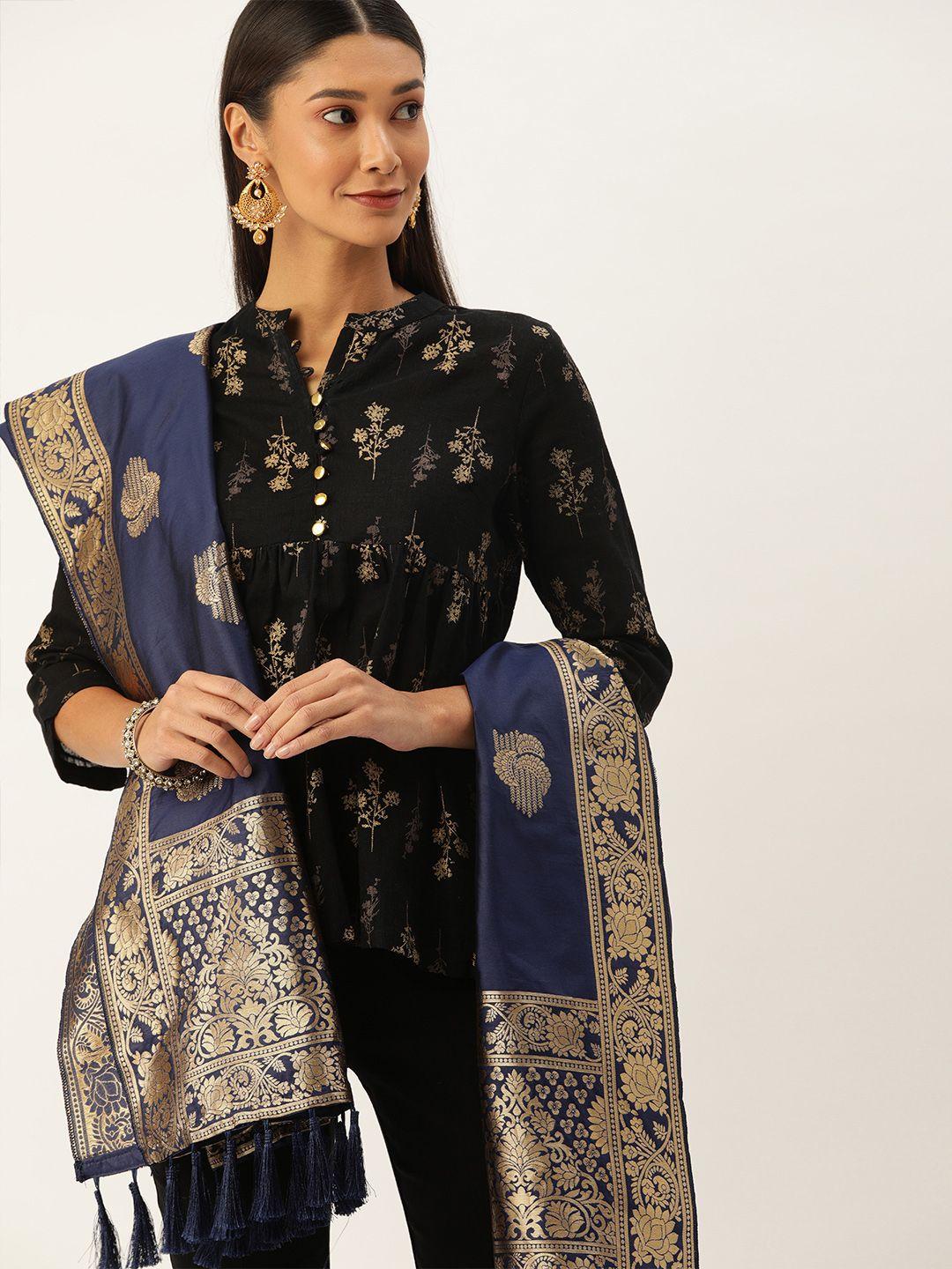vastranand navy blue & golden woven design dupatta