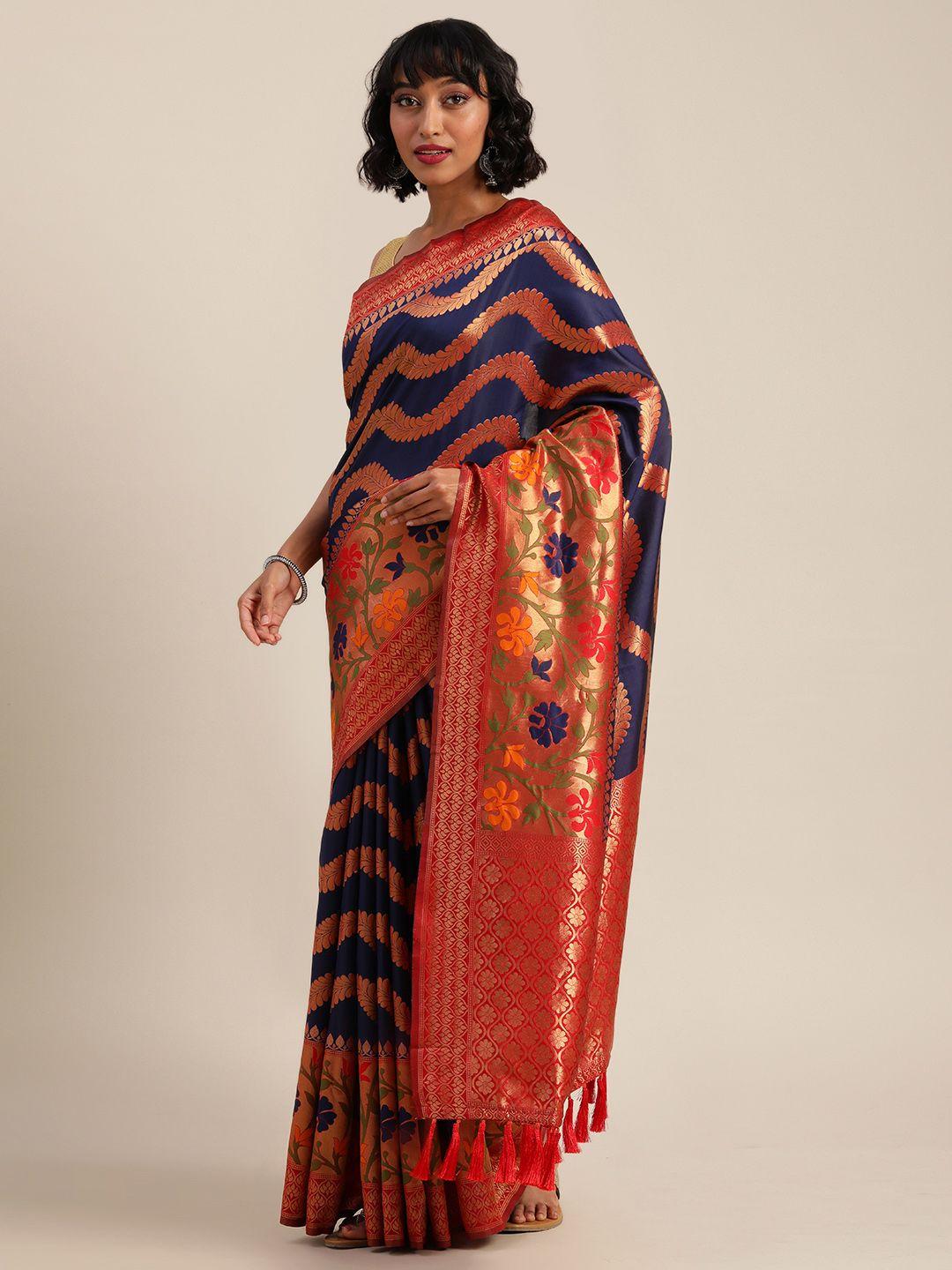 vastranand navy blue & red silk cotton woven design banarasi saree