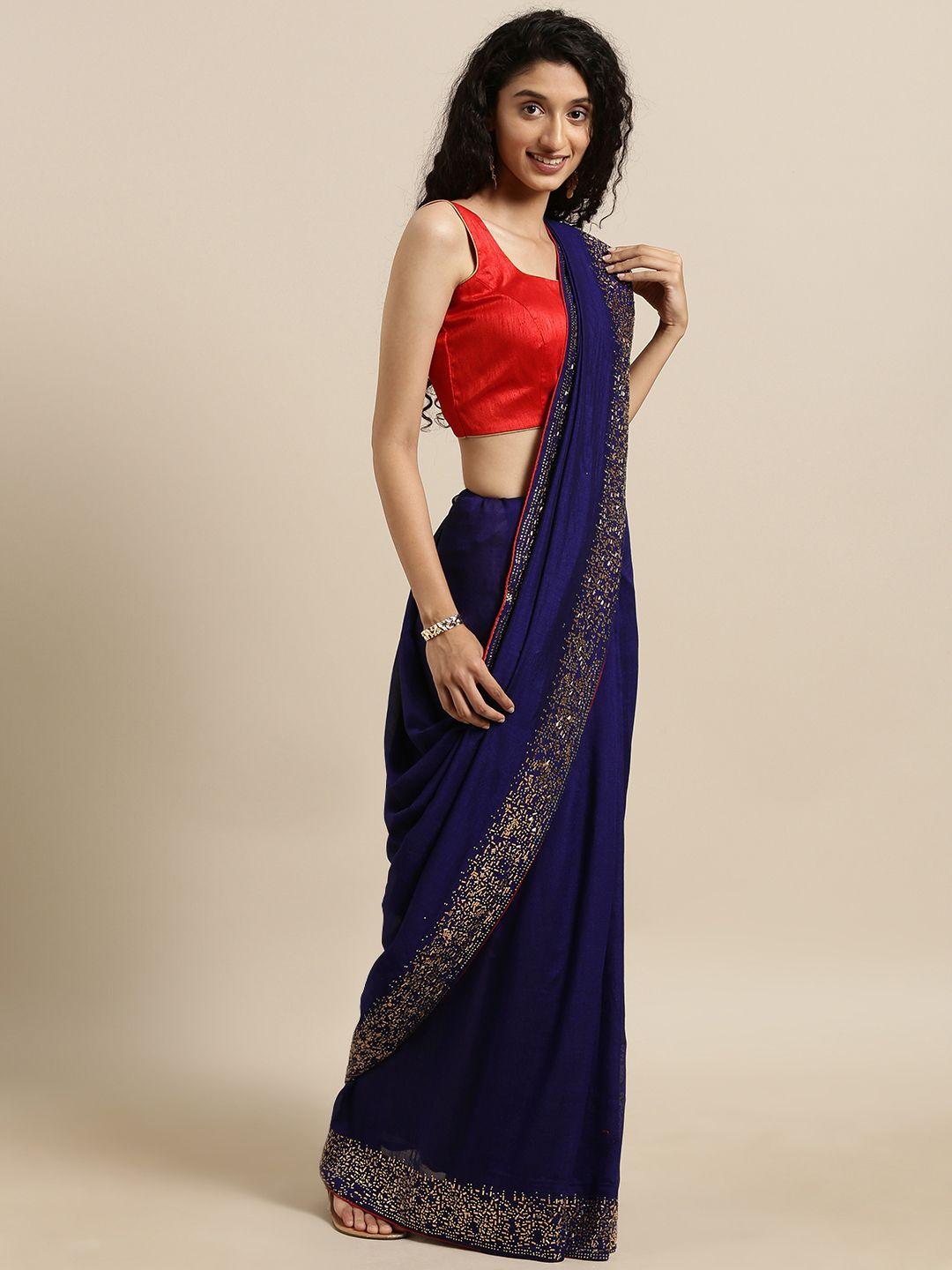 vastranand navy blue poly silk solid saree with embellished border