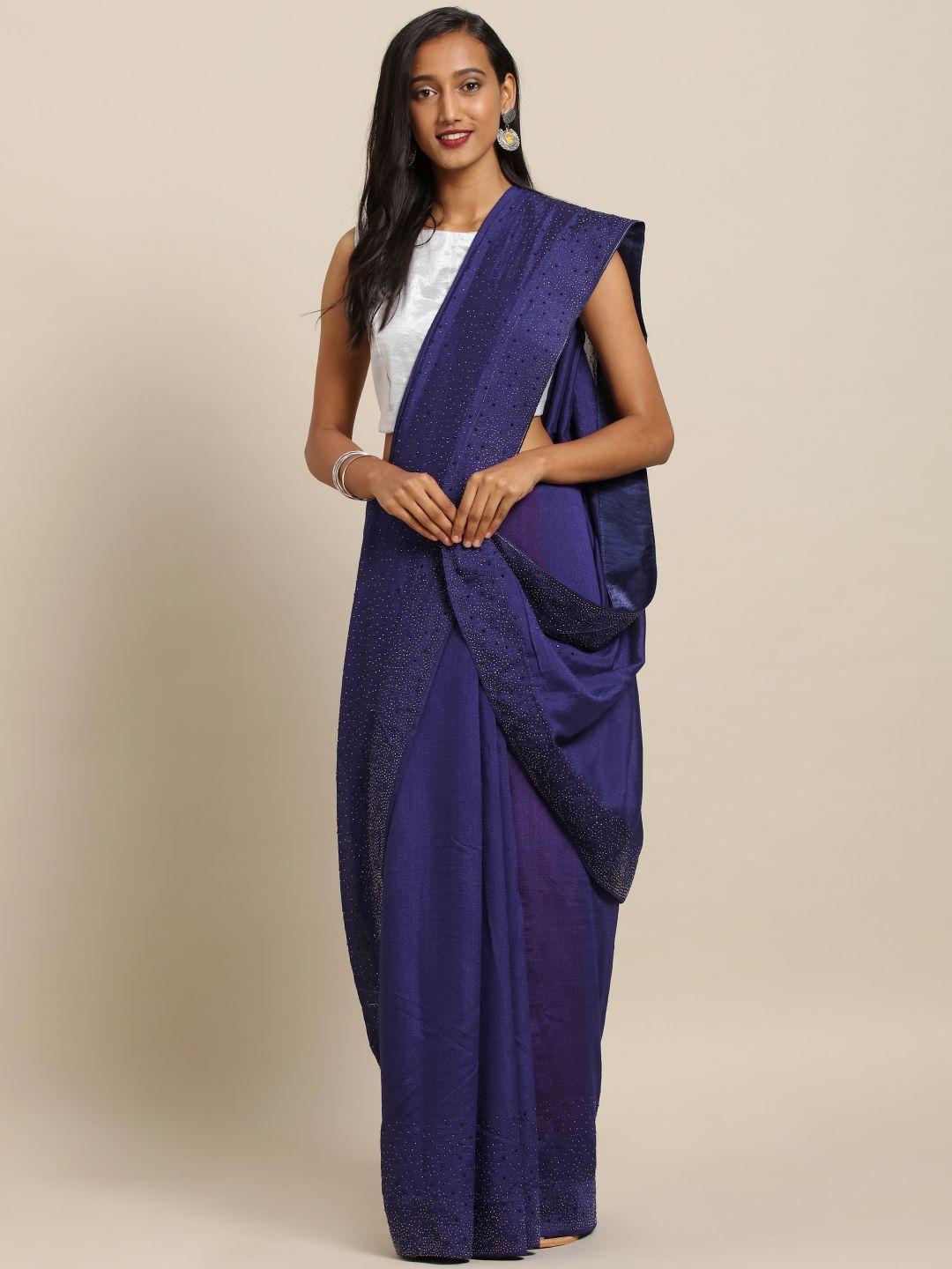 vastranand navy blue solid poly silk saree with embellishments