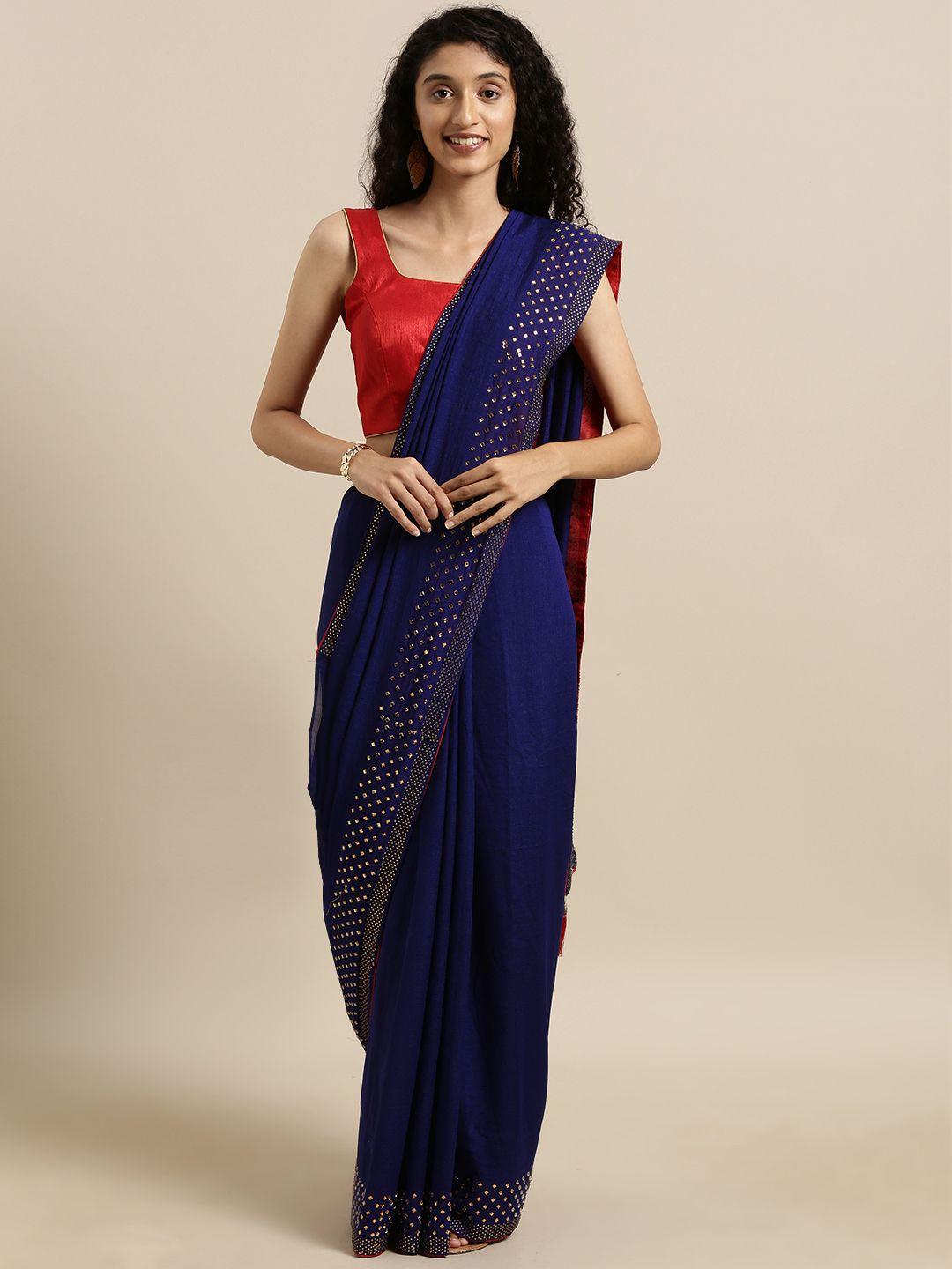 vastranand navy blue solid vichitra poly silk saree with embellished border